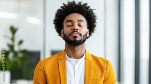 Young man meditating peacefully in modern office with natural light and plants creating a serene environment