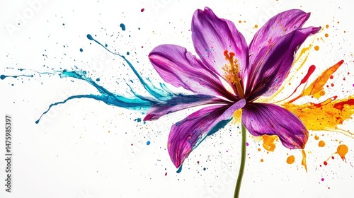 A soft lavender flower with bold splashes of contrasting teal, yellow, and red paint, creating a dynamic contrast with a white background.