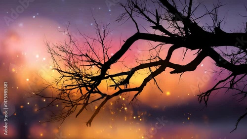 A tranquil sunset view through tree branches with shimmering lights and soft colors.