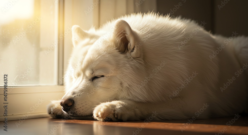 Fototapeta premium Sleeping White Dog Near Window