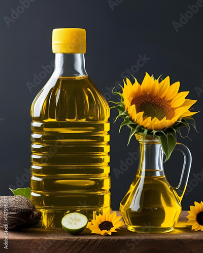 sunflower oil bottle,organic cooking oil,healthy organic oil,pressed sunflower seed oil,natural oil extract,oil in glass container,clean label oil,cold extraction method,sunflower essence,culinary oil photo