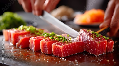 Top-down culinary perspective knife slicing raw ingredients photo