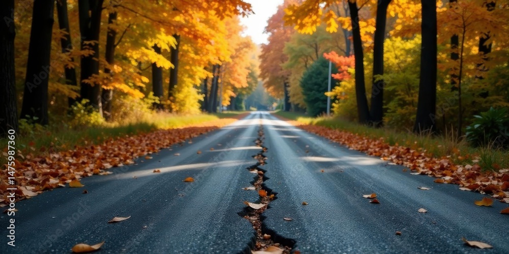 Fototapeta premium Autumnal Roadway Through Golden Canopy A Scenic Drive Adorned with Fallen Leaves
