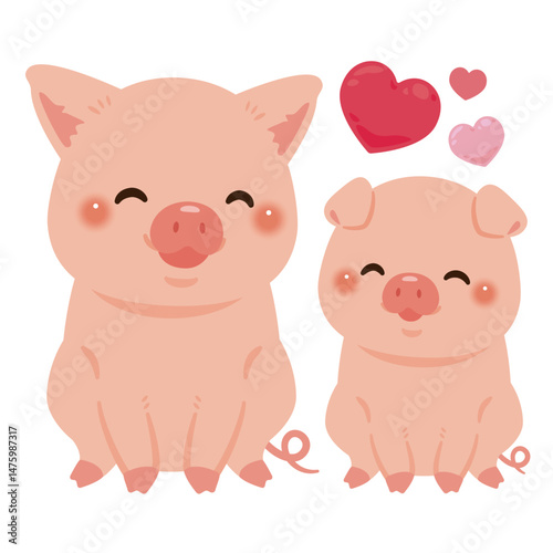 お座りした笑顔のブタの親子イラスト
