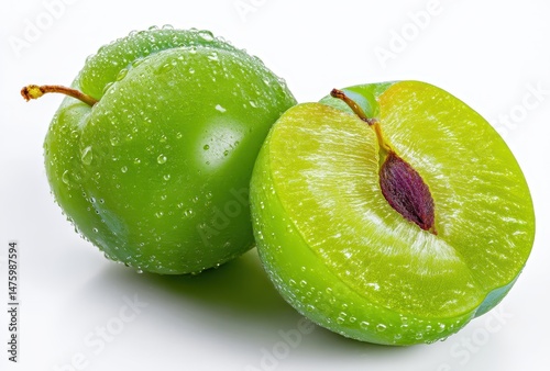 Fresh Green Plum with Water Droplets on White Background, Juicy and Ripe, Ideal for Healthy Eating, Natural Food Photography, Organic Produce