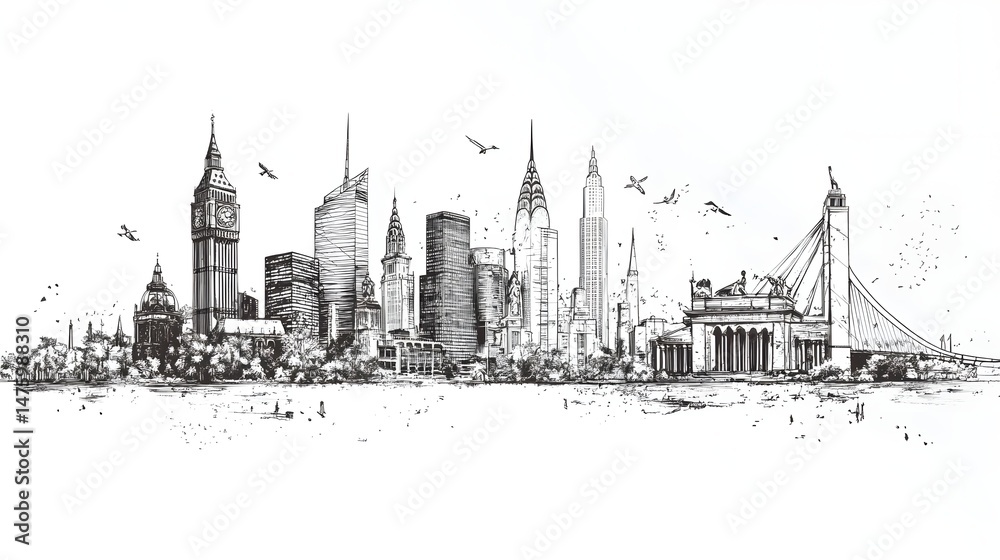 Fototapeta premium Hand-drawn sketch of a city skyline panorama.