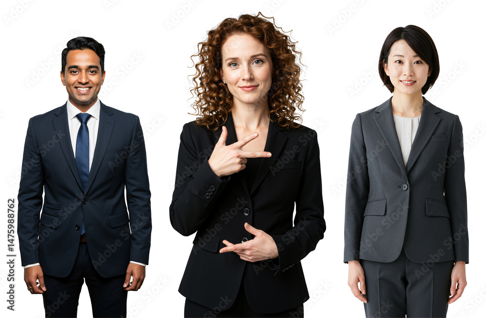 Diverse group of three business professionals, including a South Asian man and two women (Caucasian and East Asian), posing in suits against a transparent background, one woman gesturing. Diverse group of three business professionals, including a South Asian man and two women (Caucasian and East Asian), posing in suits against a transparent background, one woman gesturing.