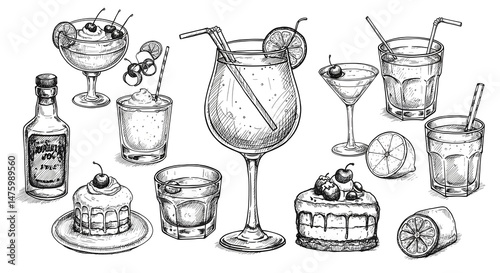 Sketched Drinks and Desserts Illustration in Monochrome