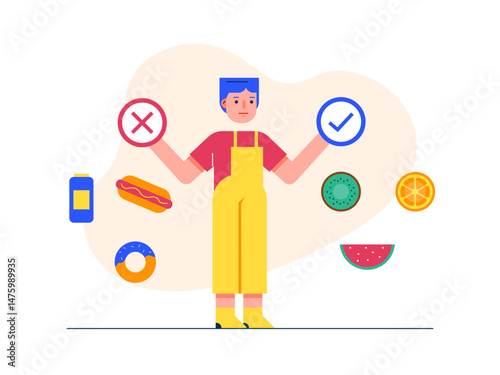 Little boy showing healthy food and not, fruit say yes junk food say no. Healthy life illustration. Flat vector illustration concept.