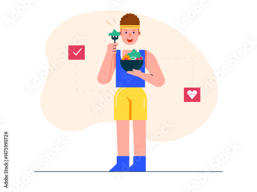 Man eating healthy food. Healthy life illustration. Flat vector illustration concept.