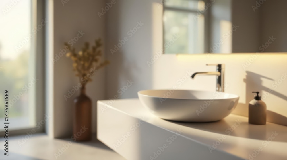 Fototapeta premium Serene Minimalist Bathroom Design with Sunlight Accentuating a Modern Vessel Sink and Subtle Decor