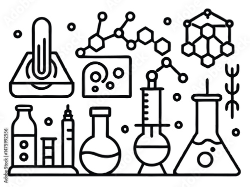 Icon set of laboratory equipment, glassware, and flasks for science and chemistry lab experiments