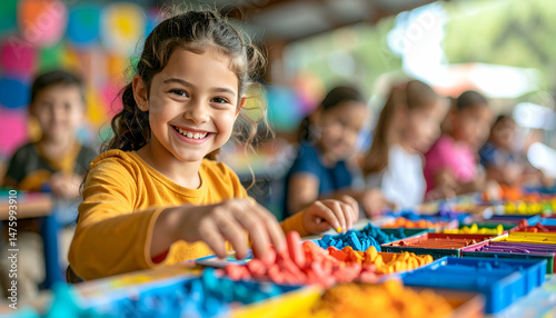 A girl smiles happily while playing with colorful clay during her school break.