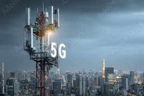 5G antenna atop a telecom tower against a cityscape