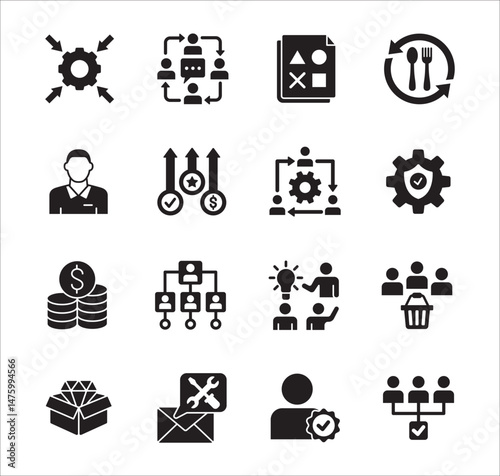 Business management flat icon set. Contains symbol of hierarchy, data, reward, work, money, employee, businessman, target, finance, lunchtime, success, task, shop, meeting, job. Vector illustration