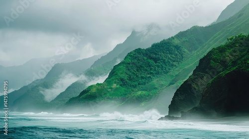 A stunning coastal view of PrÃ­ncipe Island green mountain landscape, with waves crashing against the shore while mist rises from the forest-covered mountains. photo