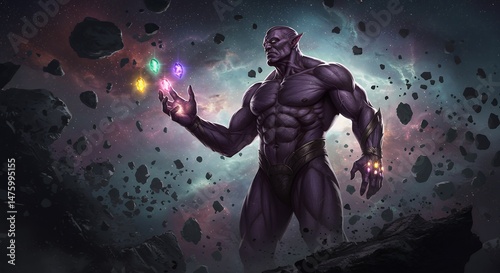 Purple Alien Holding Crystals in Space