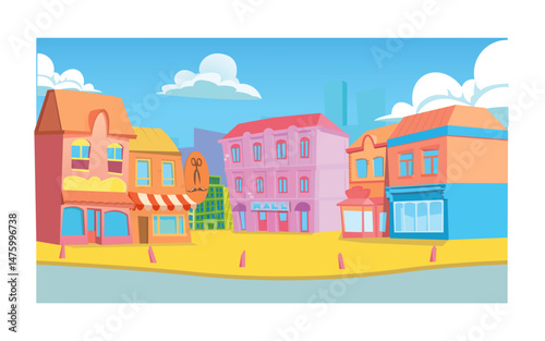 Cartoon city street with nice houses. Vector illustration of town neighborhood, residential district. Brick buildings facade with windows and doors, empty sidewalk and road on sunny morning.