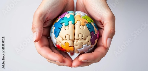 Hands gently cradling a brain model, puzzle pieces representing autism, epilepsy, Alzheimer's, and seizure disorder, against a neutral background, hands,  illustration