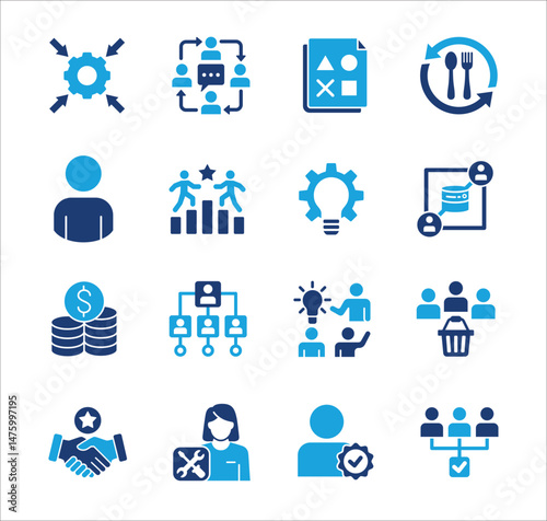 Management business icon set. Contains symbol of strategy, businessman, target, finance, lunchtime, success, hierarchy, data, reward, work, money, employee, shop, meeting, job. Vector illustration