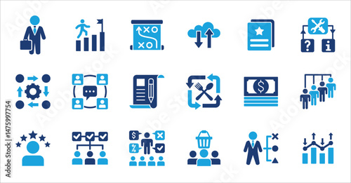 Management and business icon set. Contains symbol of businessman, target, finance, lunchtime, success, hierarchy, data, reward, work, money, employee, task, shop, meeting, job. Vector illustration