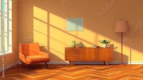 Sunny interior room scene with orange armchair and wooden cabinet. photo