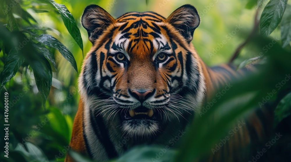 Fototapeta premium Tiger in lush jungle setting