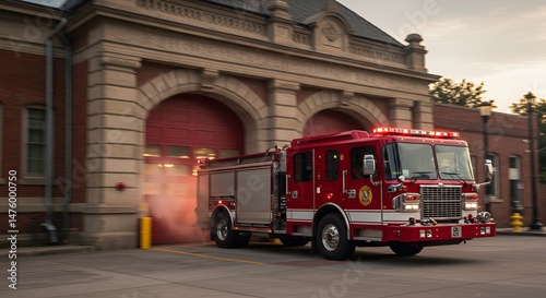 Firetruck exits fire station - responding to emergency