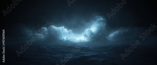 Intense, dark sea waves under dramatic, cloudy sky with striking light breaking through