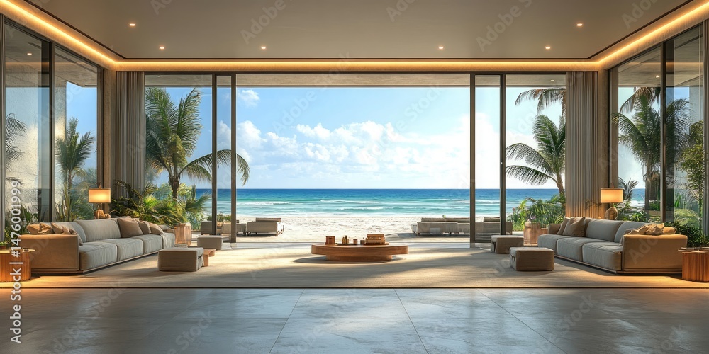 Fototapeta premium Spacious beachfront living area with ocean views.