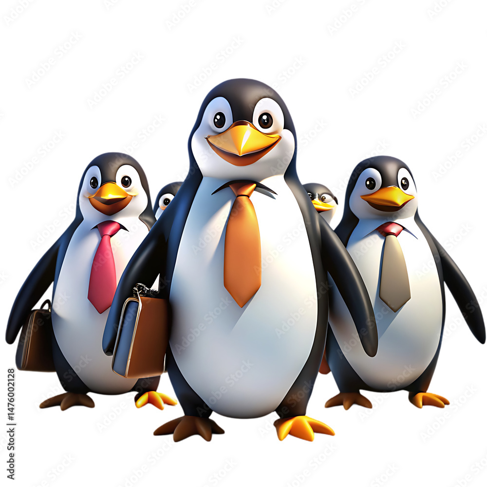 Fototapeta premium Adorable Business Penguins: Teamwork, Cartoon Animals, Corporate Mascot, Penguin Illustration