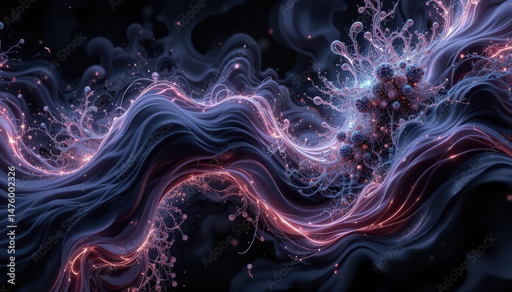 Ethereal Flow: Abstract Dark Wave with Bioluminescent Orbs and S