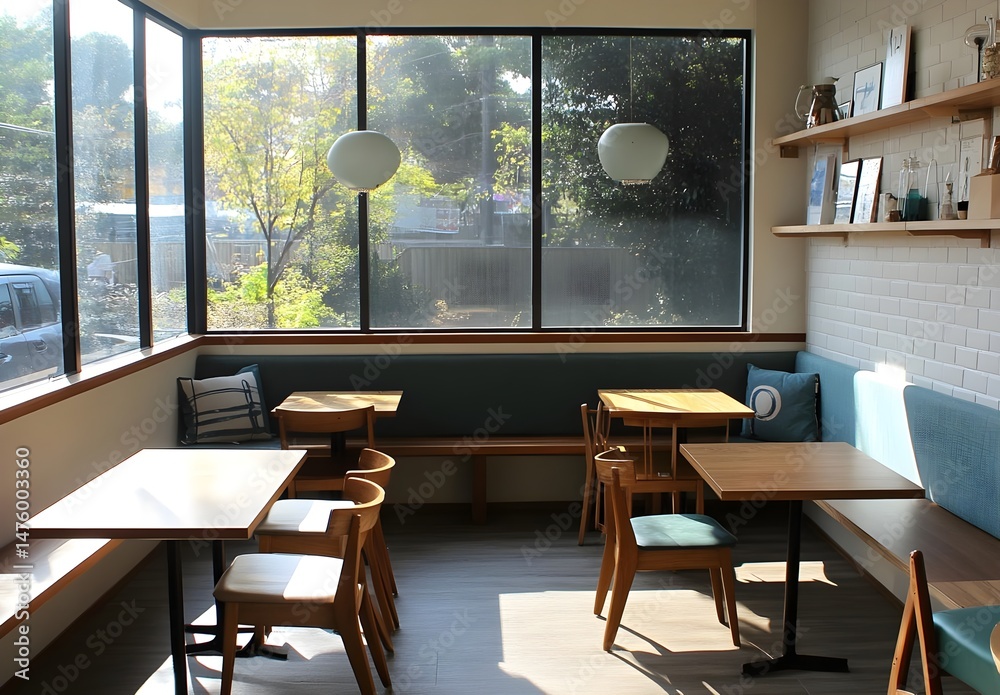 Fototapeta premium Modern Cafe Interior with Sunlit Seating Area