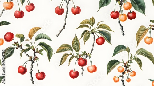 A delightful botanical pattern of cherries and leaves.