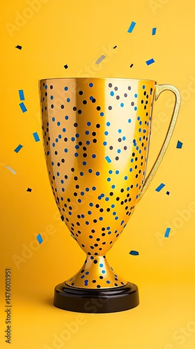 Golden cup with blue confetti on a bright yellow background signifies a moment of victory
