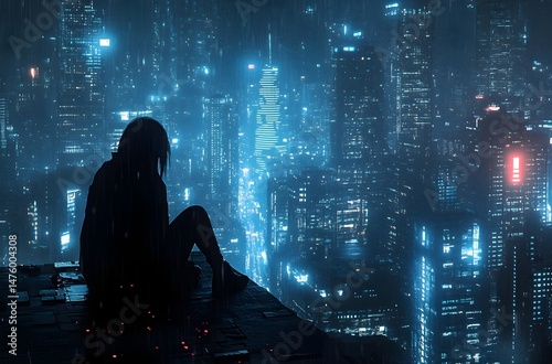 Solitary Figure in Cyberpunk Cityscape