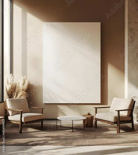 Modern Minimalist Living Room Interior with Blank Canvas