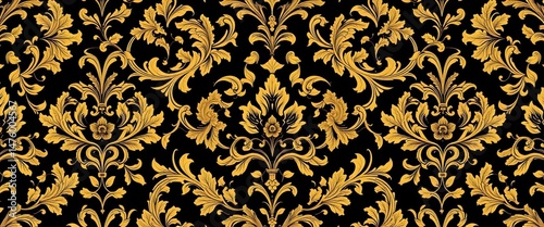 Intricate black & gold floral damask, opulent baroque style , illustration, gold pattern