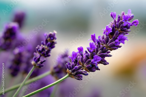 Single lavender plant with vibrant purple blooms and blurred background representing calm, nature, and floral beauty photo