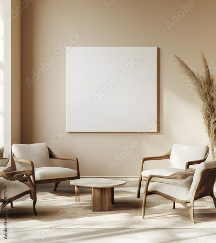 Modern Minimalist Living Room Interior with Blank Canvas Mockup