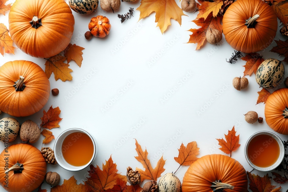 Fototapeta premium Autumnal arrangement of pumpkins, leaves, nuts