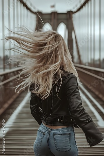Woman with flowing hair on a bridge
