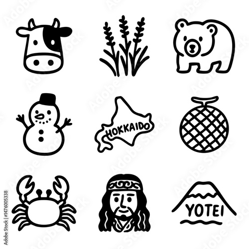 A set of doodle line icons representing Hokkaido, including local wildlife, food, traditions, map, snowman, and Mount Yotei
