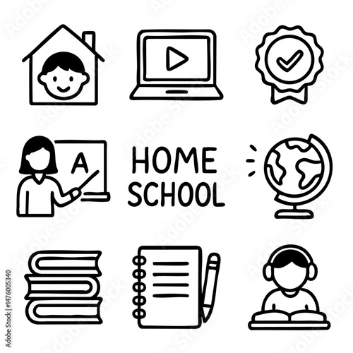 A set of doodle line icons representing homeschooling with kids, books, laptops, teachers, notebooks, online learning, and globes
