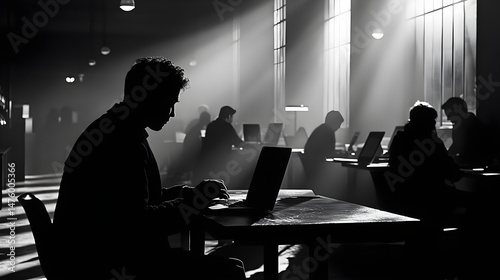 Silhouetted Man Working on Laptop in Modern Office