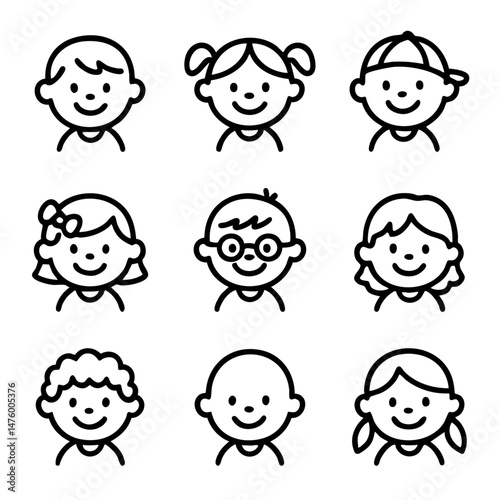 A set of doodle line icons featuring diverse children's faces with different hairstyles, expressions, and accessories for avatars or profiles