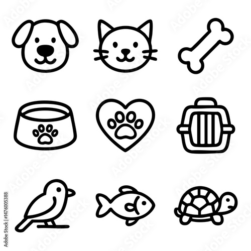 A set of doodle line icons featuring pets and pet care items, including dog, cat, bird, fish, turtle, carrier, and food bowl