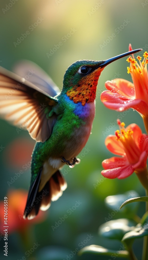 Fototapeta premium Vivid Hummingbird Feeds on Nectar from Bright Orange Flowers in Lush Garden Setting