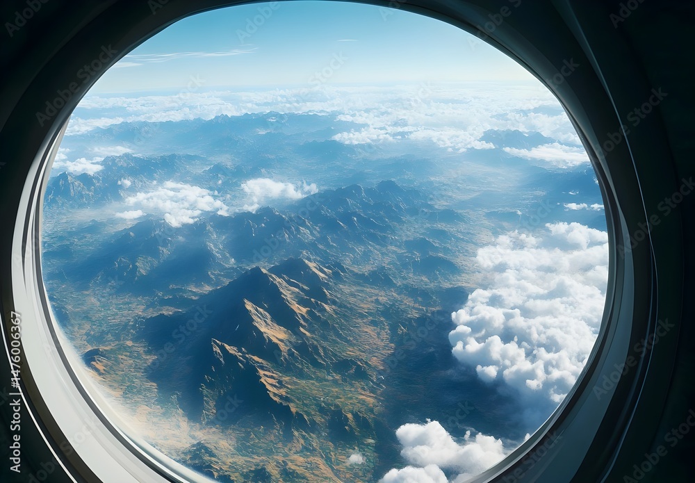 Fototapeta premium Aerial View of Mountain Range from Airplane Window