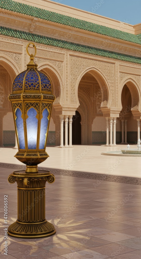Fototapeta premium Elegant Moroccan Lantern Illumination in Architectural Courtyard Setting